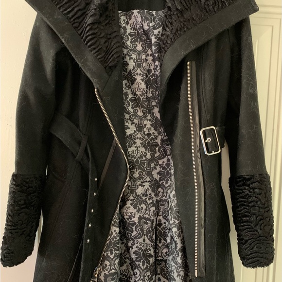 GUESS Black Wool Coat w/Chenille Boucle Collar & Cuffs Asymmetrical Zip Front S - Picture 7 of 14